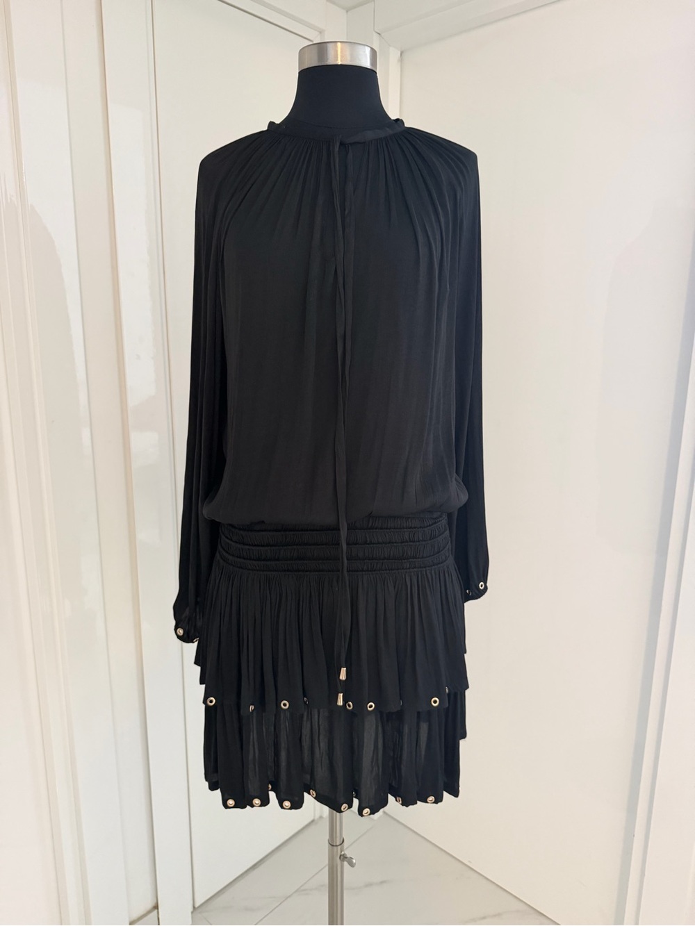Current Air Black Long-Sleeve Tiered Mini Dress with Eyelet Trim